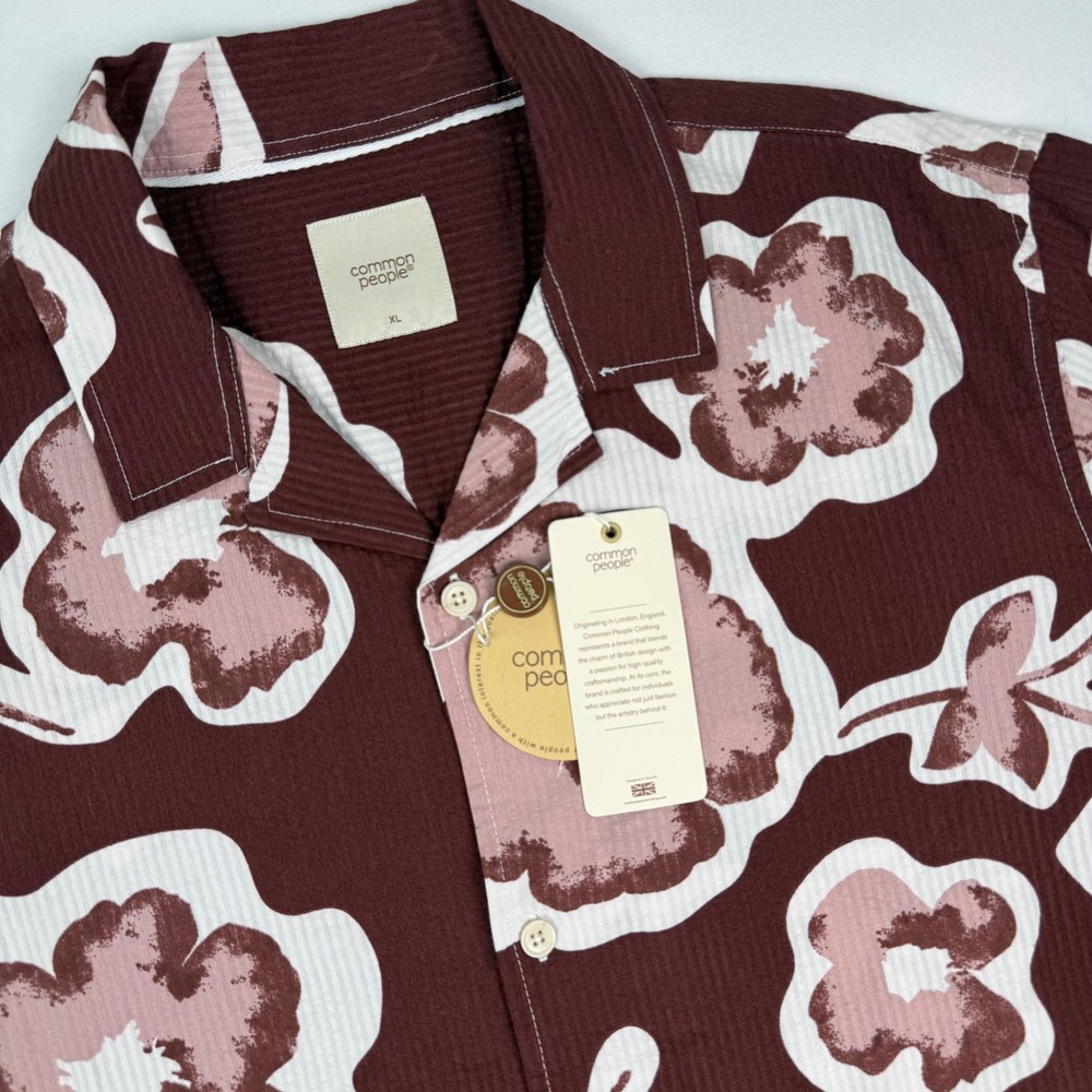 Common People Hugon Floral SS Shirt Mauve Seersucker‎ Cotton Mens XL New
